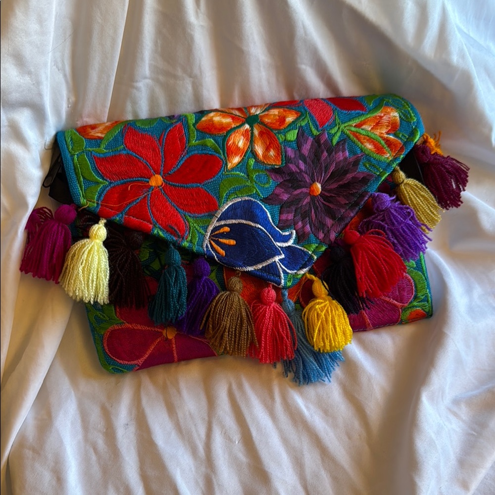 Colorful Embroidered Clutch with Tassels